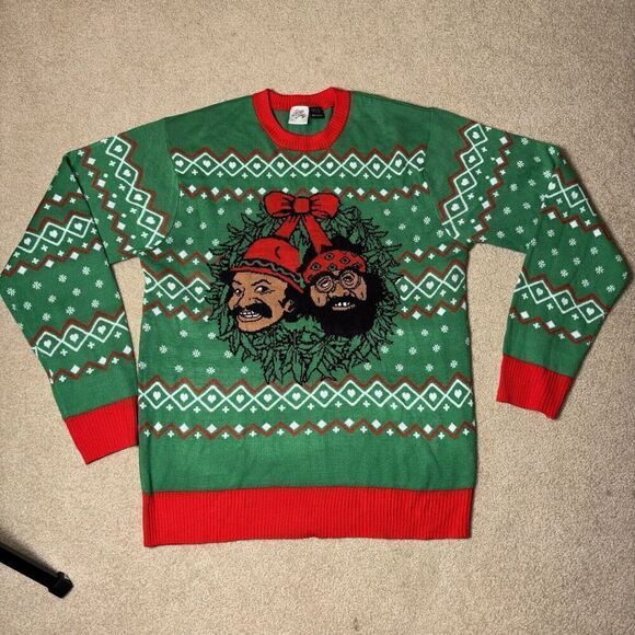 Cheech And Chong Ugly Christmas Sweater Men’s Size Medium Green Red Holiday - Picture 1 of 8